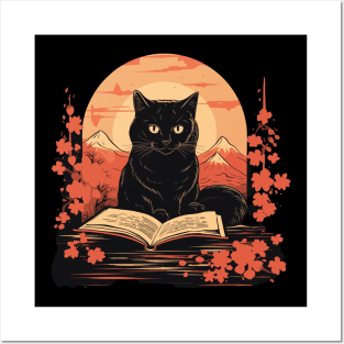 Japanese Floral Black Cat And Book Catshirt Posters and Art